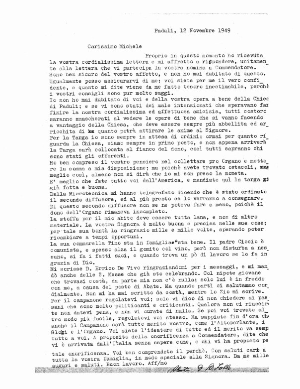 Letter from Abbot Follo to Michele Zullo 12 November 1949 