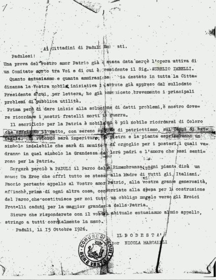 Appello ai Padulesi Emigrati di Nicola Marcarelli, Sindaco 15 ottobre, 1926