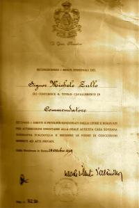 Diploma Awarding the title Commendatore to Michele Zullo, October 28, 1949